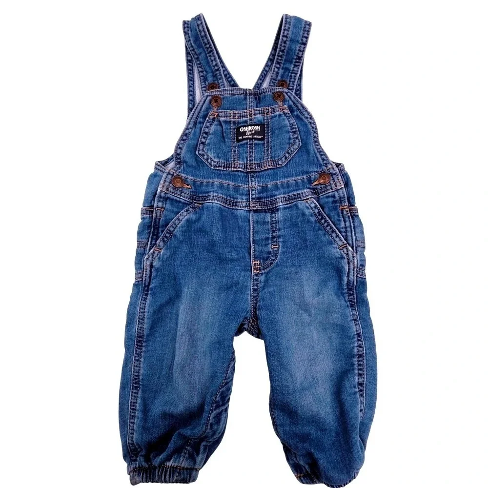 OshKosh B'gosh Denim Overalls Baby Girl 9 Month Blue‎ Jean Stretch Elastic Soft